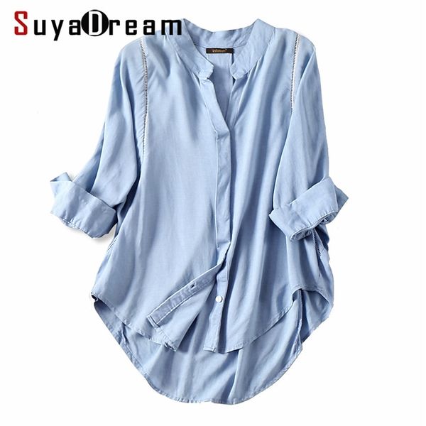 

suyadream women fall blouse 50%cotton 50%linen 3/4 sleeved white blouses office lady shirt fall winter light blue 210225