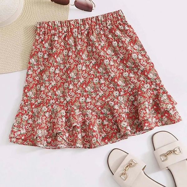 

2021 summer new holiday women's floral half-length fungus lotus leaf beach chiffon casual print ladies short skirt ozqg, Black