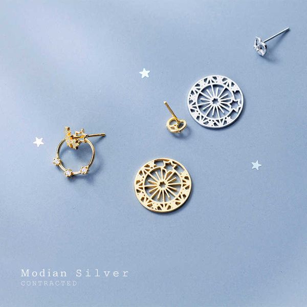 

genuine 925 sterling silver radiant zircon star gold color round disc hearts stud earring for women unique fine jewelry 210707, Golden;silver