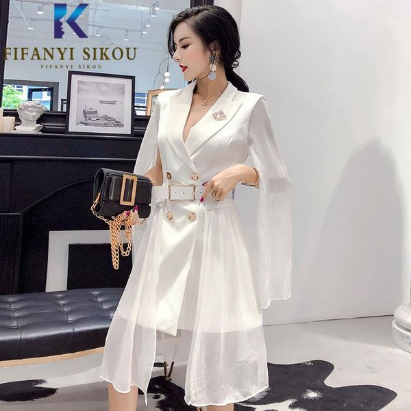 

fashion blazers jacket women notched collar double breasted splice long suit coat lady casual elegant blazer with belt women's suits &, White;black