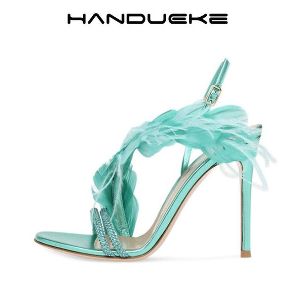 

sandals 2021 summer feather banquet high heels female all-match blue buckle rhinestone party women, Black