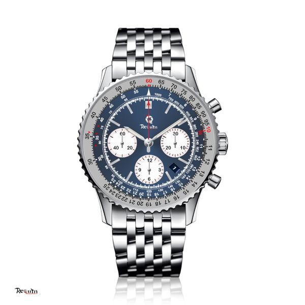 

men's automatic mechanical watch requin brand b silver white stainless steel case strap blue dial six hands full working calendar 1887, Slivery;brown