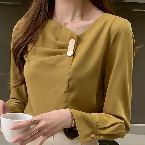 

women's blouses & shirts blusas mujer de moda 2021 autumn long sleeve v-neck chiffon women blouse shirt button folds slim korea womens, White
