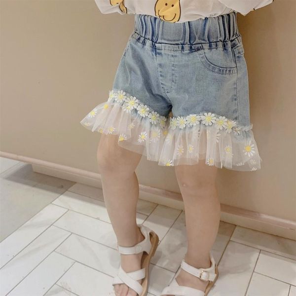 

korean mini jeans shorts baby girls summer denim shorts children bottoms streetwear embroidery floral mesh ruffles 1 to 8 yrs, Black