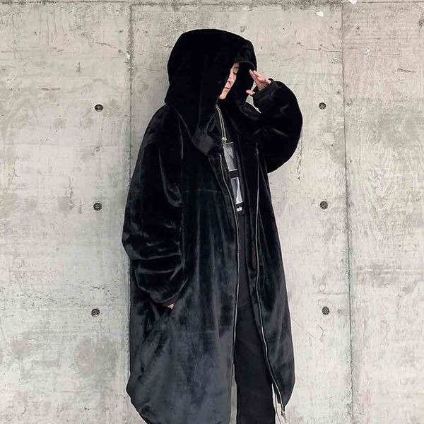 

men's and youth winter sved ets, gothic cloth, japane fashion trends, long fake rabbit fur coats, harajuku street cloth, Black;brown
