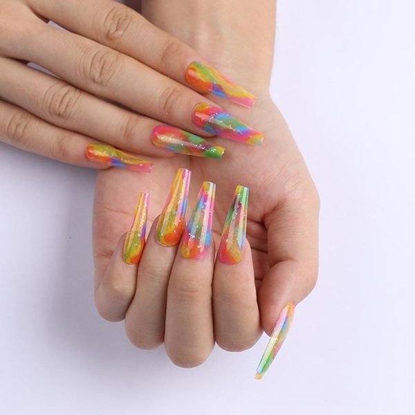 

false nails 24 pcs/box ballerina nail long coffin manicure colorful lines acrylic full cover beauty artificial art tips, Red;gold