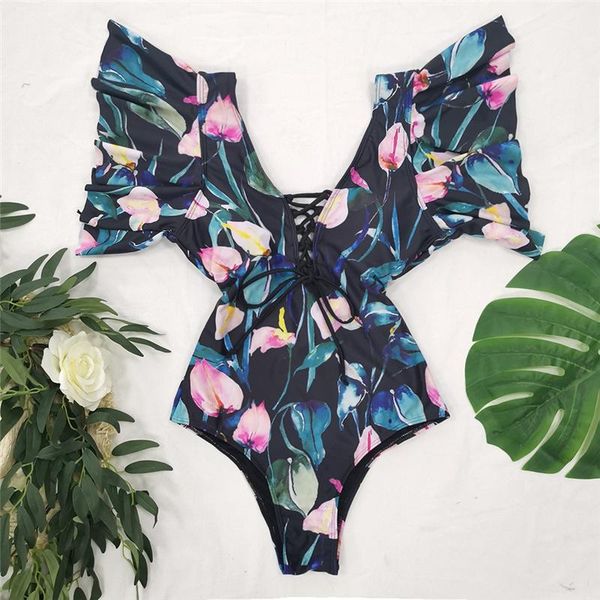 

2021 swimsuit floral print one piece ruffle bathing suit deep v-neck swimsuits woman swimwear women's swim suits s xl new