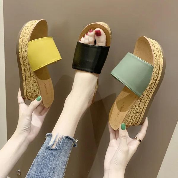 

slippers summer outdoor women's wedges slip-on shoes female peep toe breathable soft platform leather sandals black beige yellow