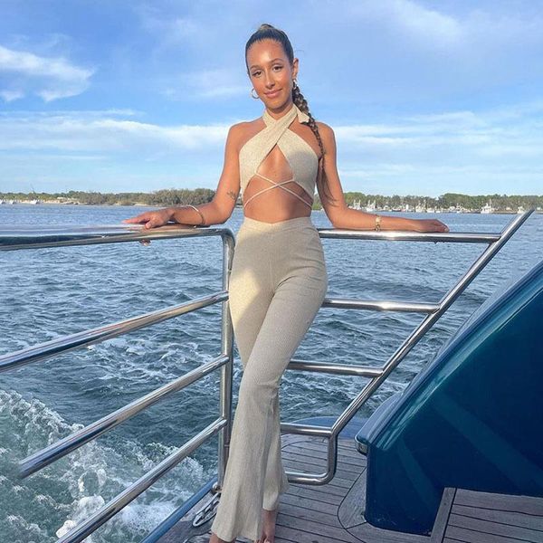 

women's two piece pants summer sets crop and suits halter vest tanks + skinny flare knitted, White