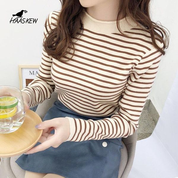 

women's sweaters stripe sweater pullover autumn winter korean fashion half high collar loose long sleeve casual soft knitted female, White;black