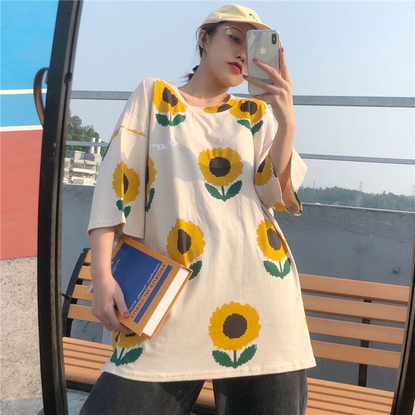 

new harajuku 2021 oversize floral printing short sleeve women's fashion flower loose school t-shirt style street clothes bp6g, White