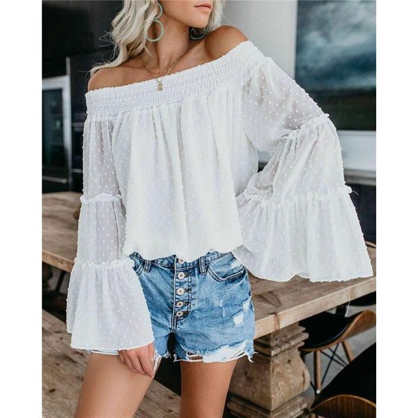 

off shoulder chiffon shirt women summer casual blouse flare sleeve shirt slash neck fashion top, White
