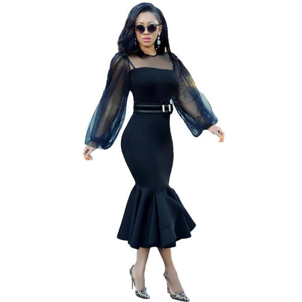 

casual dresses 2021 summer dress women o-neck full sleeve mesh patchwork mermaid ruffled long club night party glcf80307, Black;gray