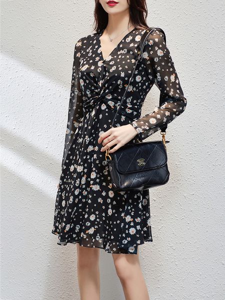 

2021 new nova daisy print feminino mini vestido senhora doce macio manga longa plissado v-neck vestidos curtos para frias casuais c60e, Black;gray