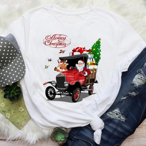 

women santa clause new year holiday fashion cartoon merry christmas graphic tees clothes print lady female t shirt t-shirt, White