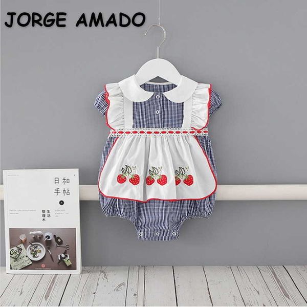 

summer baby girl bodysuit short sleeves peter pan collar cartoon strawberry jumpsuit lolita style born clothes e9222 210610, Blue