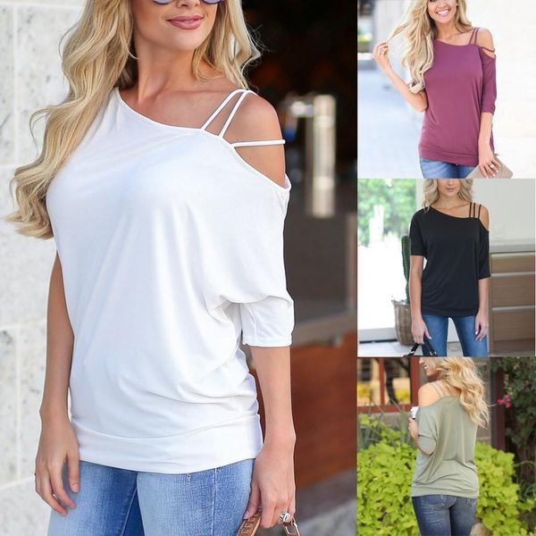 

40 women fashion casual off shoulder strap half sleeve shirts blouse daily autumn solid elegant daily pullover loose top, White