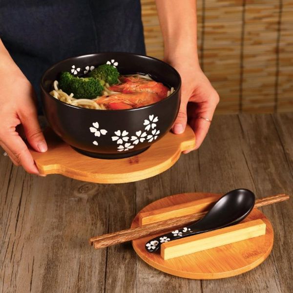 

japanese style rice noodle bowl with lid spoon chopstick kitchen tableware ceramic salad soup bowl container dinnerware