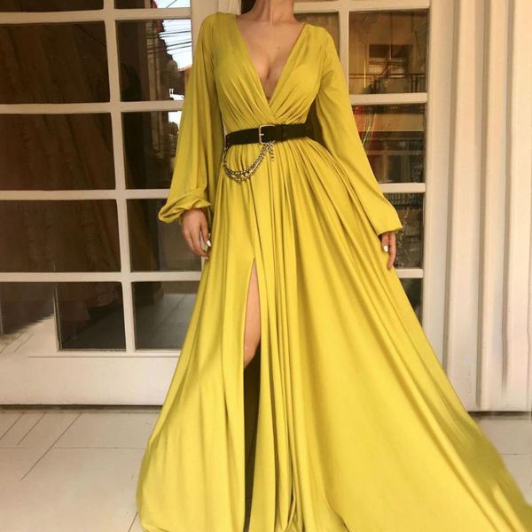 

casual dresses 2021 women's v-neck solid color party dress folds split fashion temperament long sleeved high waist ladies, Black;gray