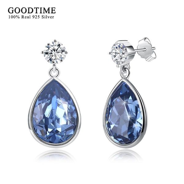 

stud 925 silver earrings for women blue crystals water-drop shape s925 sterling jewelry wedding gifts, Golden;silver