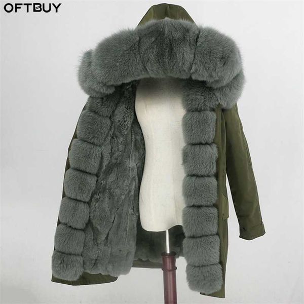 Oftbuy Uzun Parka Su Geçirmez Giyim Gerçek Kürk Doğal Rakun Yaka Hood Tavşan Astar Kalın Sıcak Streetwear 211202