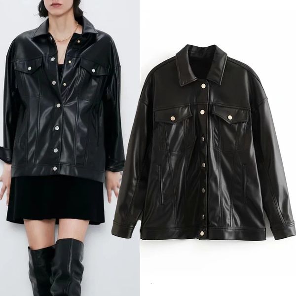 

new autumn 2021 black faux leather women lapel collar long sleeve vintage jacket woman loose casual high street coat caq5 2nfi, Black;brown