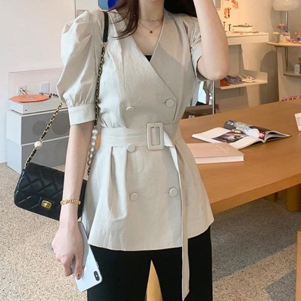 

women's jackets [ewq]2021 autumn puff sleeve v-neck double-breasted lace cotton linen simple casual ladies coats women apricot jacket, Black;brown