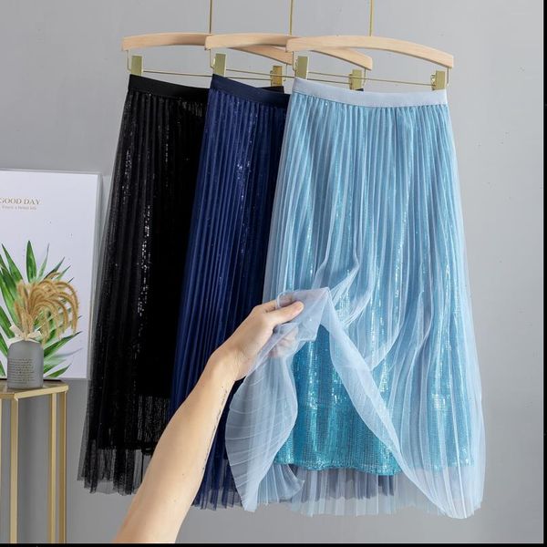 

sequined spring summer women mesh skirt high waist pleated skirt fashion female tutu tulle skirt drop shipping, Black