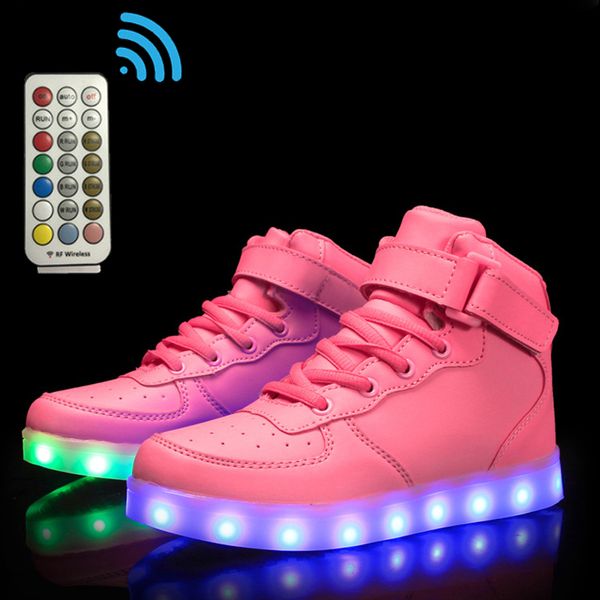 Tamanho 25-37 crianças LED Sapatilhas brilhantes meninas sapatos altos sapatos de sapatos meninos com luzes unisex rf Controle luminoso tênis casuais 210308