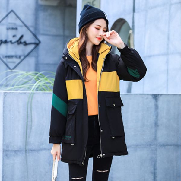 

2021 new korean style women winter long jacket patchwork plus size thick outwear hooded big pocket casual down coat ladies 4iro, Black
