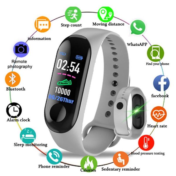 

watch bands m3 smart bracelet band fitness tracker heart rate blood pressure messages reminder color screen waterproof sport wristband, Black;brown
