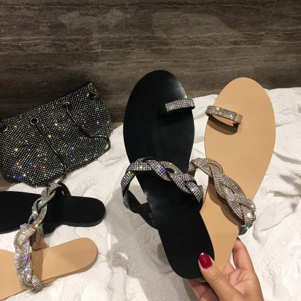

sandals heel toe summer rhinestone flat drag 2021 women's and slippers, Black