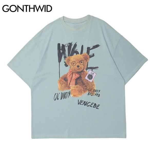

gonthwid tees shirts harajuku toy bear short sleeve cotton tshirts hip hop casual loose streetwear t-shirt mens fashion c0315, White;black