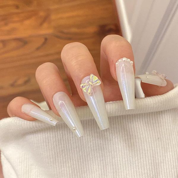 

false nails 24pcs pearl white bow wear long paragraph fashion manicure patch save time wearable nail art, Red;gold