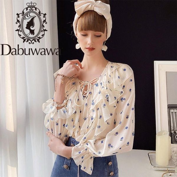 

dabuwawa casual v-neck ruffled women blouse shirt long sleeve print female blouse girlish style ladies do1ast013, White
