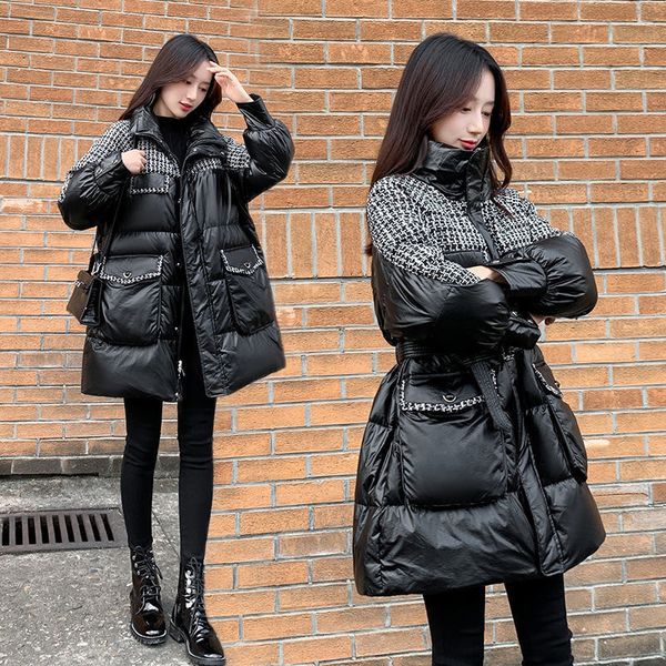 

ladies down jacket small fragrance stitched bright face down et women's 2021 winter korean version thickened medium and long loose fash, Black