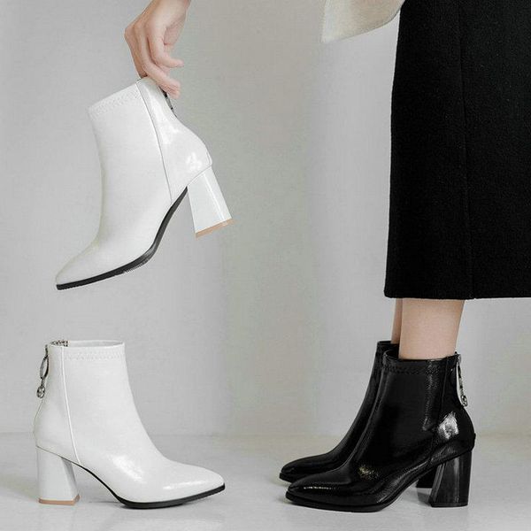 

boots winter autumn spring women artificial leather pointed toe square root ladies ankle back zipper high heel short, Black