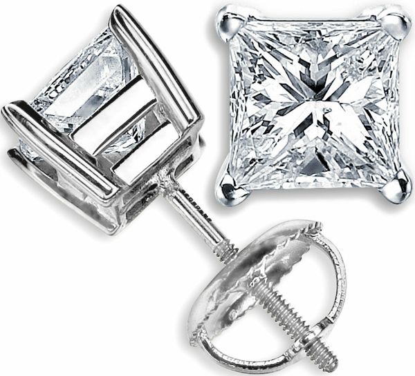 

2.58ct princess cut solitaire vvs1/d lad diamond earrings 14k solid white gold plated studs, Golden;silver