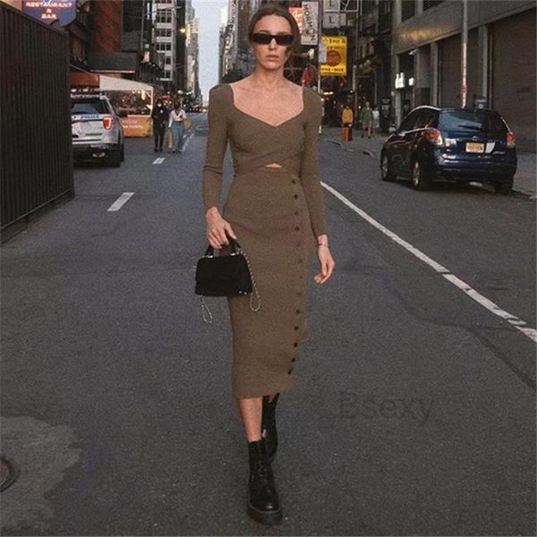 

casual dresses fake 2 piece sweater dress women backless long sleeve hollow out side split brand designer tight knitted midi, Black;gray