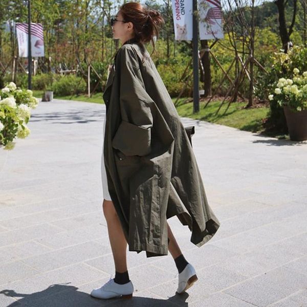 

women's trench coats lanmrem 2021 summer fashion temperament women coat loose plus casual solid color bat sleeves over the knee windbre, Tan;black