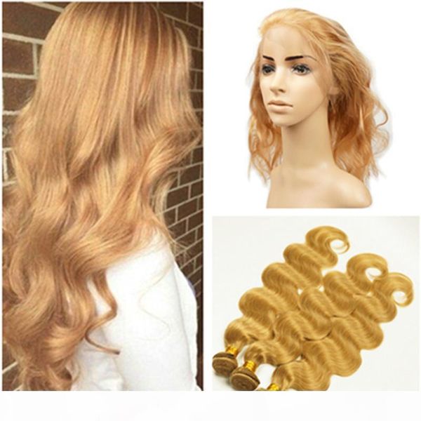

#27 honey blonde peruvian human hair weave bundles with 360 frontal strawberry blonde body wave 360 full lace closure 22.5x4x2" with bu, Black;brown