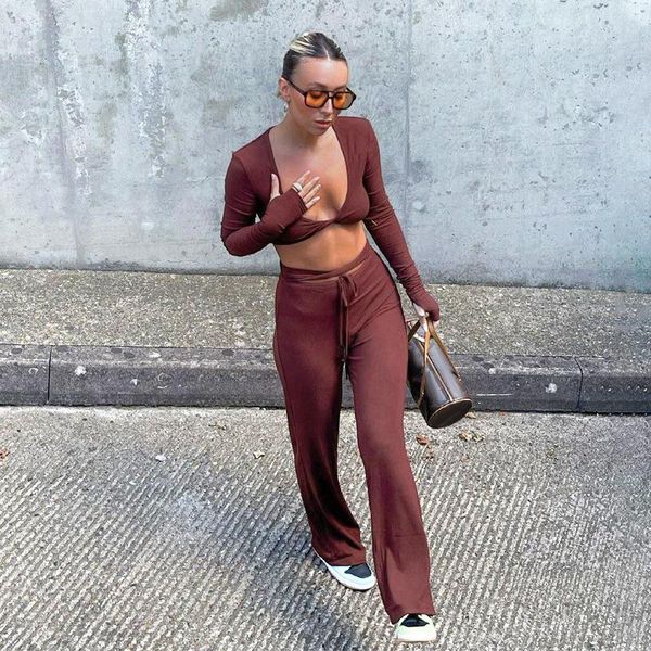 

women's two piece pants women two-piece clothes set, brown solid color crop and flared trousers, s/ / l, White