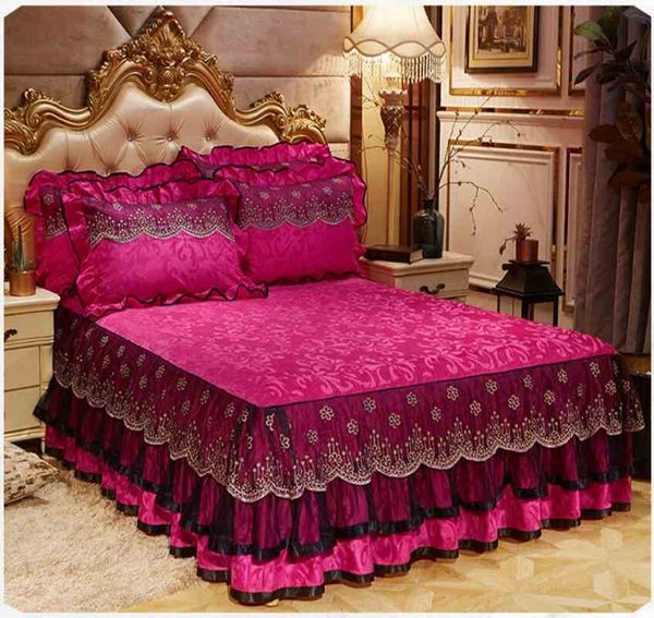 

bed skirt europe style rose red velvet lace princess ding spread pillowcase 1/3pcs thick quilted home sheet mattress cover jycl