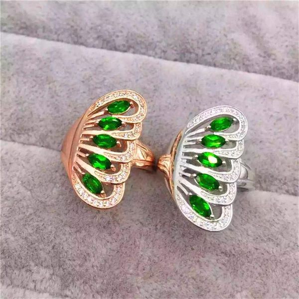 

cluster rings big peacock silver ring with natural green chrome diopside in 925 sterling gemstone jewelry gift box, Golden;silver