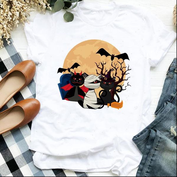 

women lady witch cat cartoon animal kawaii fall halloween print t tee womens tshirt female shirt clothes graphic t shirt, White