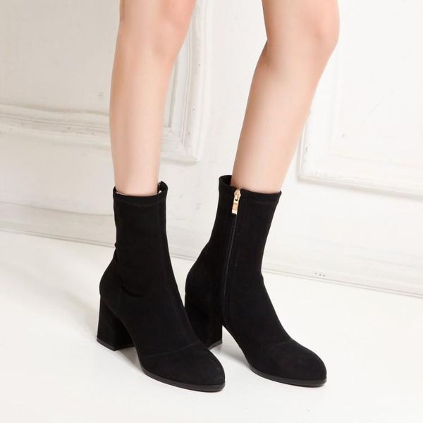 

boots big size 11 12 round-head straight-cylinder suede thick-heeled zipper, Black