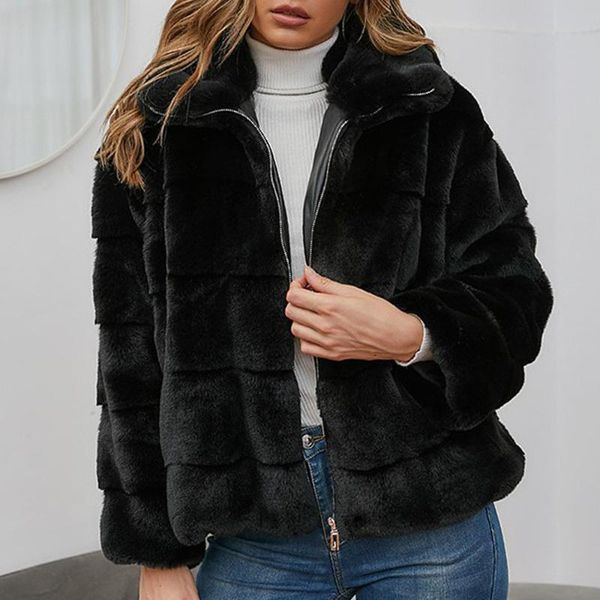

women's fur & faux 2021 autumn winter womens fashion overcoat solid color zipper cardigan warm lapel long sleeve women coat, Black