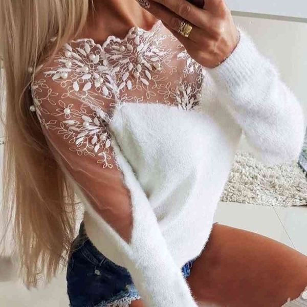 

women's sweaters spring mesh patchwork beading women casual hollow out long sleeve pullover female slim autumn bottoming ldnu, White;black