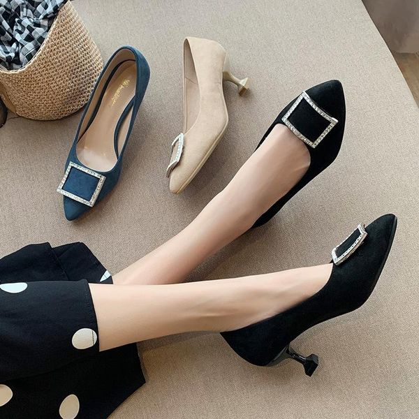 

dress shoes elegant suede kitten heels pumps women crystal square buckle slip on tacones 2021 lady offices high stilettos femme size44, Black