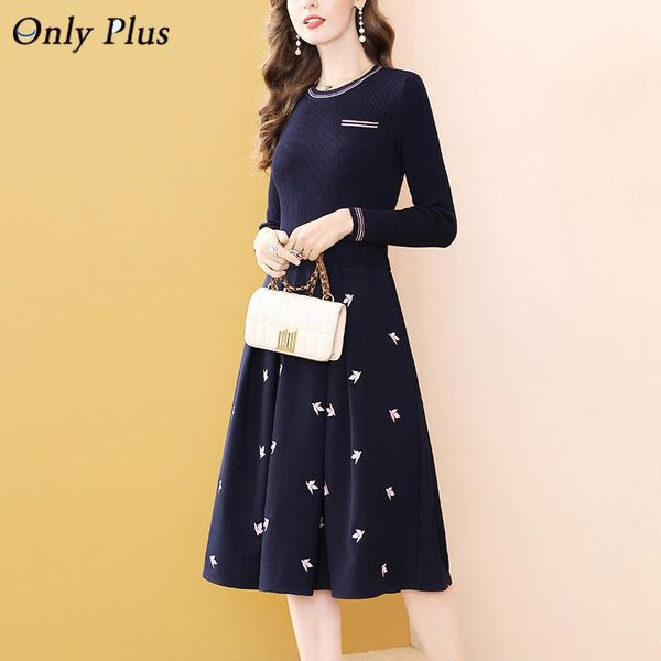 

casual dresses only plus black knitted dress patchwork embroidery slim women long sleeve office lady o-neck spring elastic a-line vestido, Black;gray